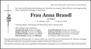 Traueranzeige Anna Brandl