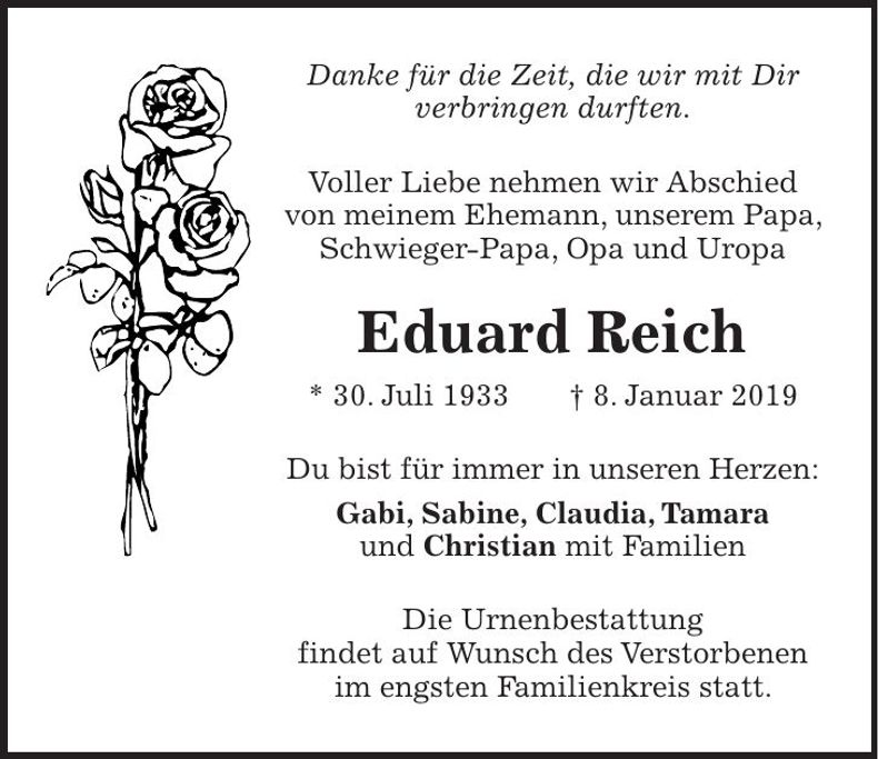 Traueranzeige Eduard Reich