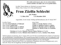 Traueranzeige Zäzilia Schlecht