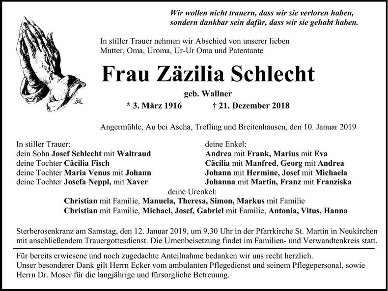 Traueranzeige Zäzilia Schlecht