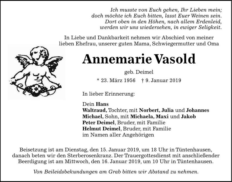 Traueranzeige Annemarie Vasold