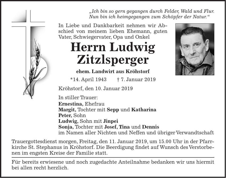 Traueranzeige Ludwig Zitzlsperger