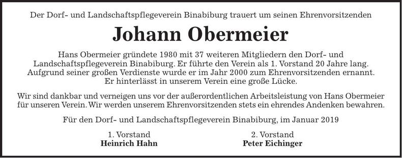 Traueranzeige Johann Obermeier