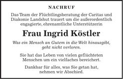 Traueranzeige Ingrid Köstler