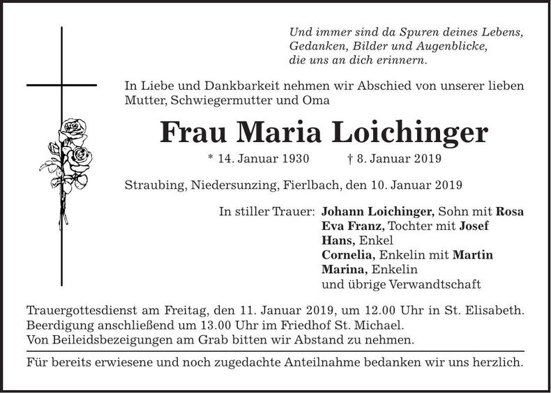 Traueranzeige Maria Loichinger