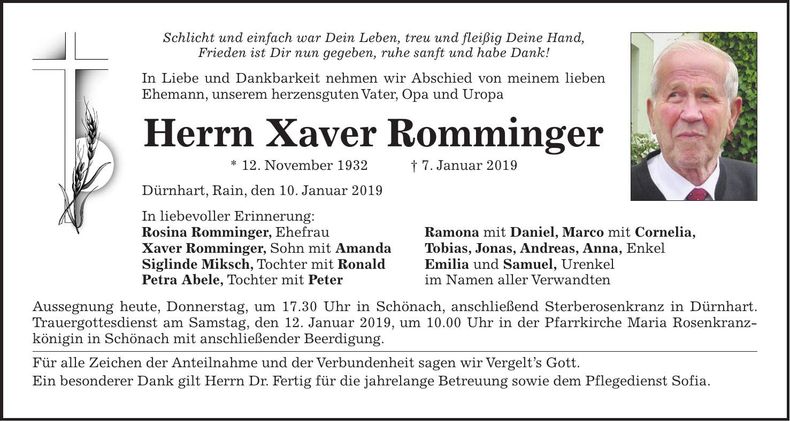 Traueranzeige Xaver Romminger