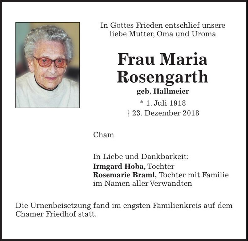 Traueranzeige Maria Rosengarth