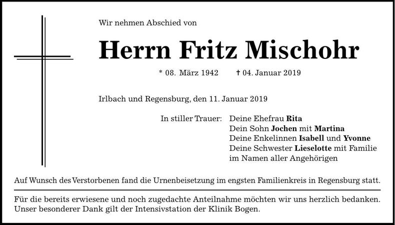 Traueranzeige Fritz Mischohr