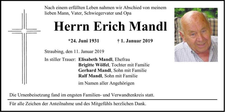 Traueranzeige Erich Mandl