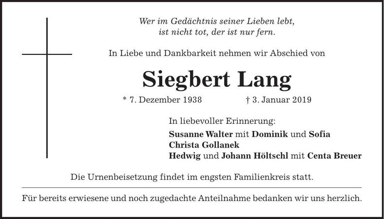 Traueranzeige Siegbert Lang