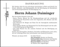 Traueranzeige Johann Daiminger