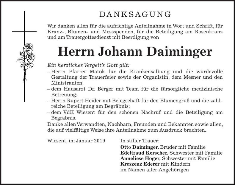 Traueranzeige Johann Daiminger