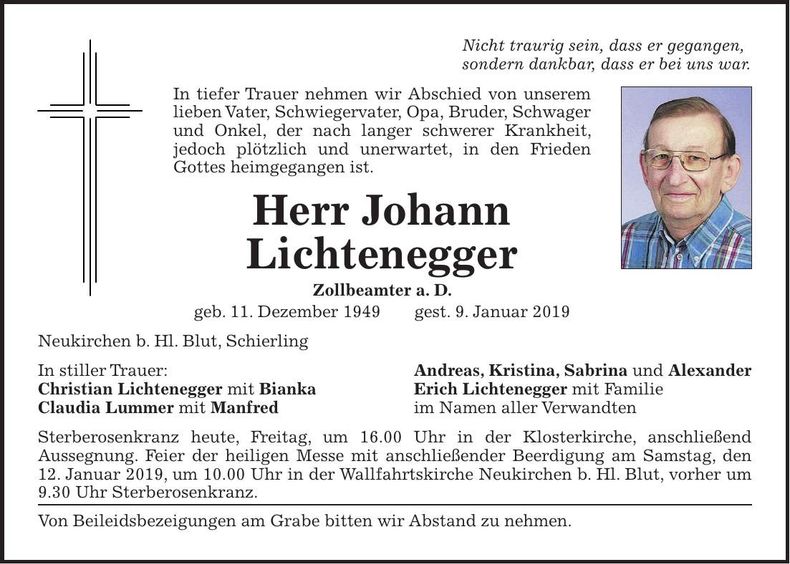 Traueranzeige Johann Lichtenegger
