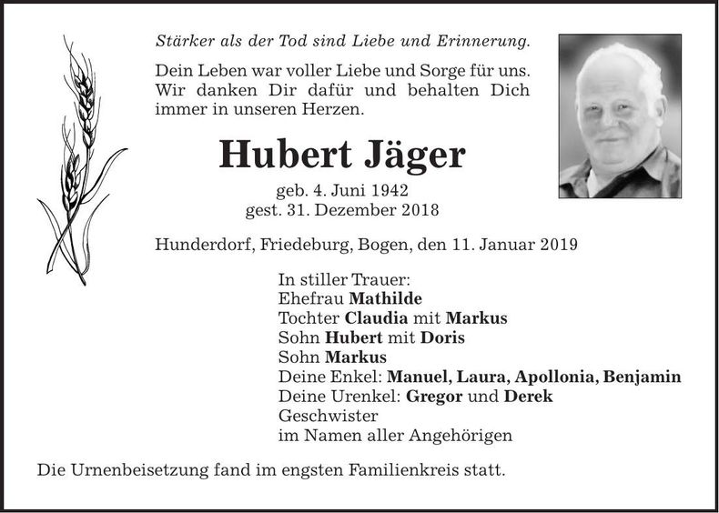 Traueranzeige Hubert Jäger