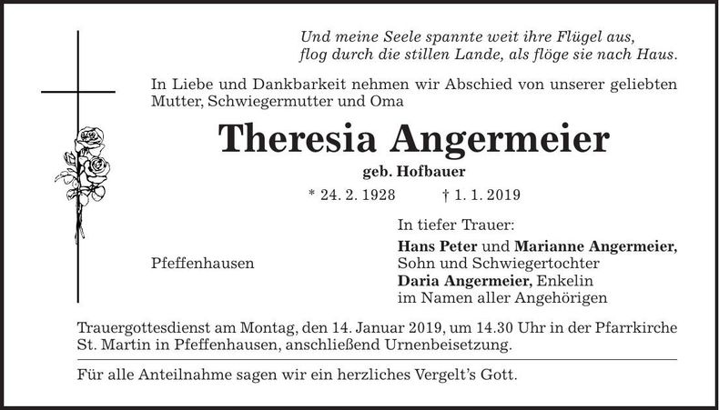 Traueranzeige Theresia Angermeier