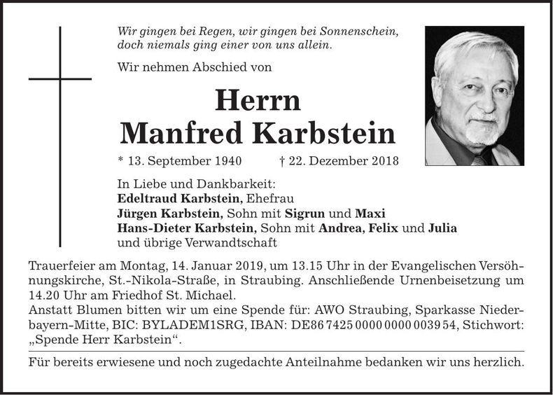 Traueranzeige Manfred Karbstein
