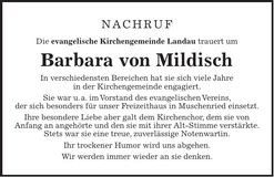 Traueranzeige Barbara von Mildisch