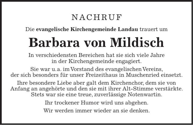 Traueranzeige Barbara von Mildisch