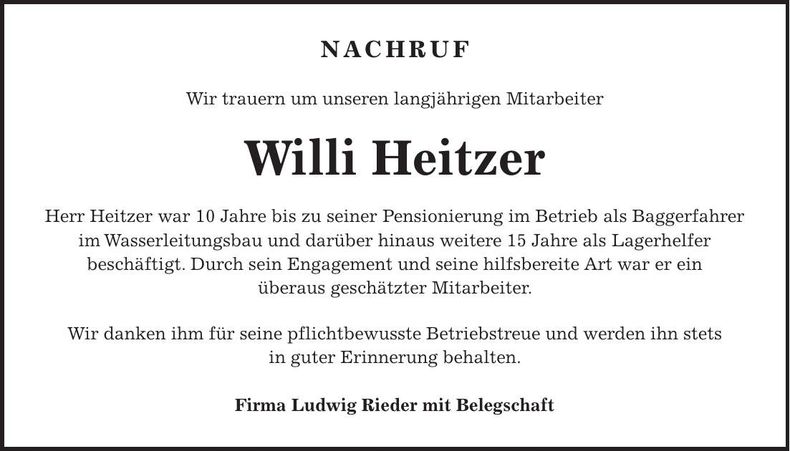 Traueranzeige Willi Heitzer