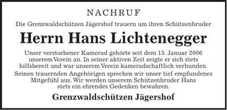 Traueranzeige Hans Lichtenegger