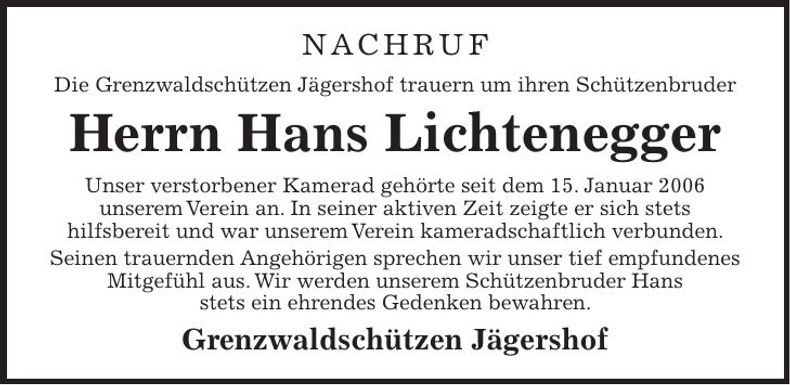 Traueranzeige Hans Lichtenegger