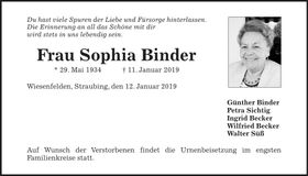 Traueranzeige Spohia Binder