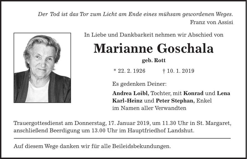 Traueranzeige Marianne Goschala
