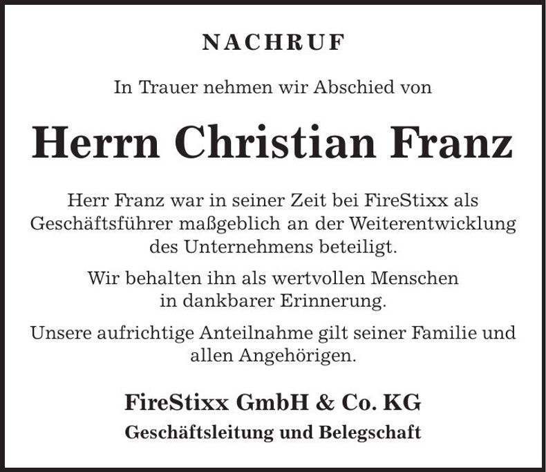 Traueranzeige Christian Franz