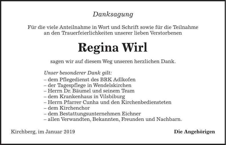 Traueranzeige Regina Wirl