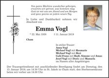 Traueranzeige Emma Vogl
