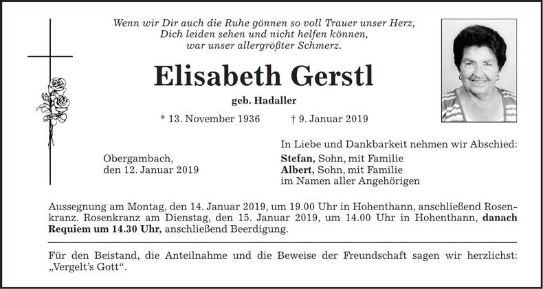 Traueranzeige Elisabeth Gerstl