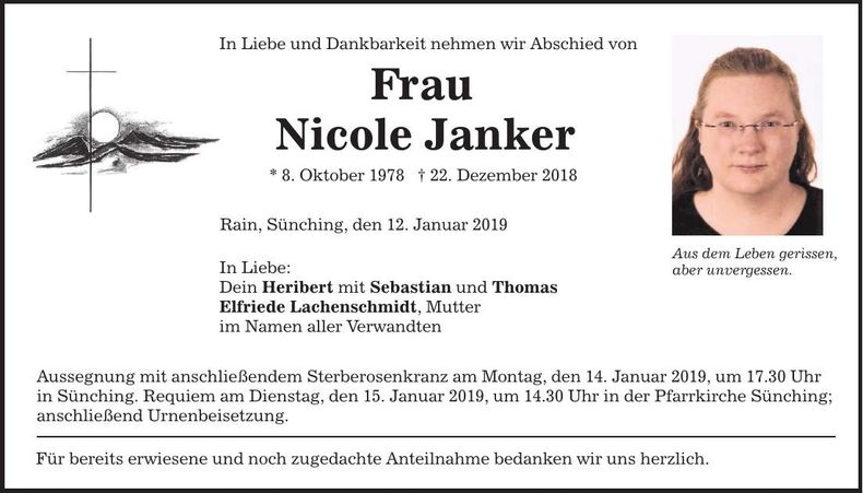 Traueranzeige Nicole Janker