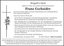 Traueranzeige Franz Gschaider