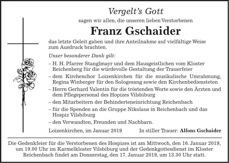 Traueranzeige Franz Gschaider