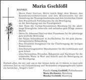 Traueranzeige Maria Gschlößl