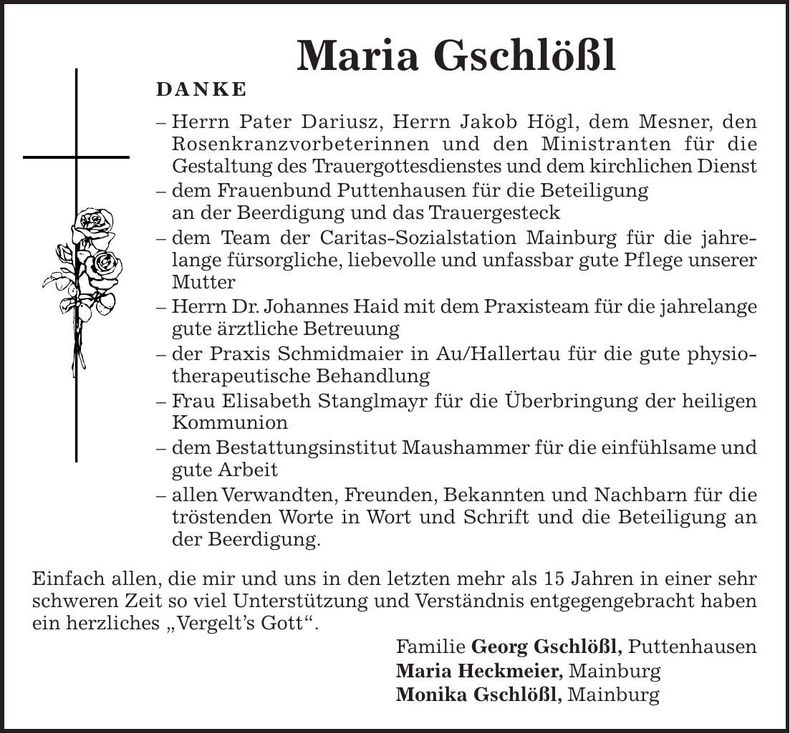 Traueranzeige Maria Gschlößl