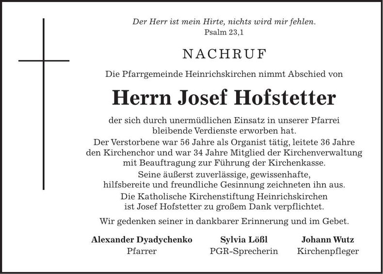 Traueranzeige Josef Hofstetter