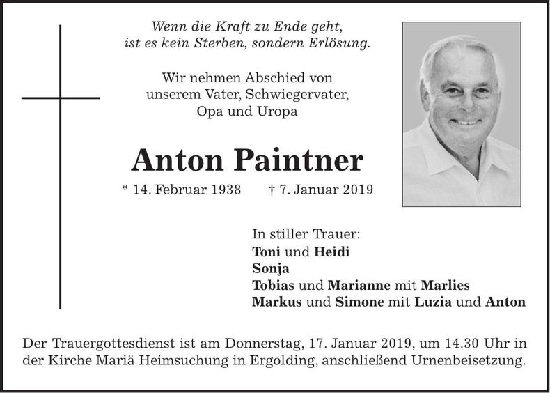 Traueranzeige Anton Paintner