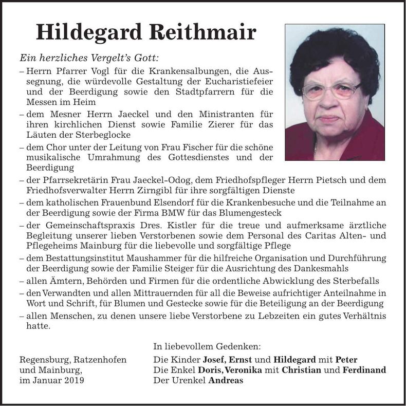 Traueranzeige Hildegard Reithmair