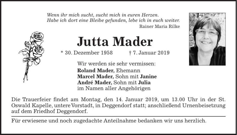 Traueranzeige Jutta Mader