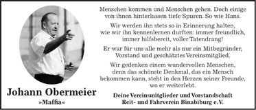Traueranzeige Johann Obermeier