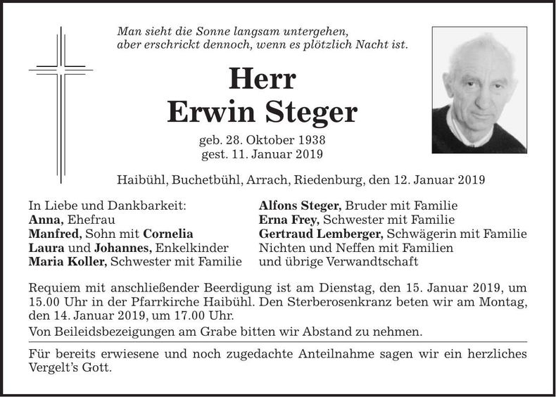Traueranzeige Erwin Steger