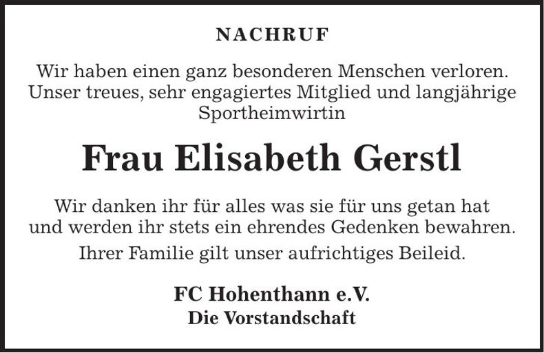 Traueranzeige Elisabeth Gerstl
