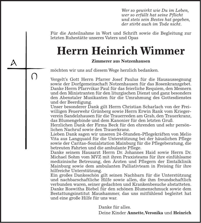 Traueranzeige Heinrich Wimmer
