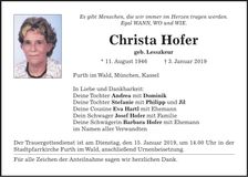 Traueranzeige Christa Hofer