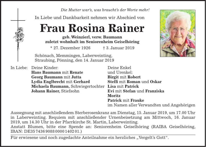 Traueranzeige Rosina Rainer
