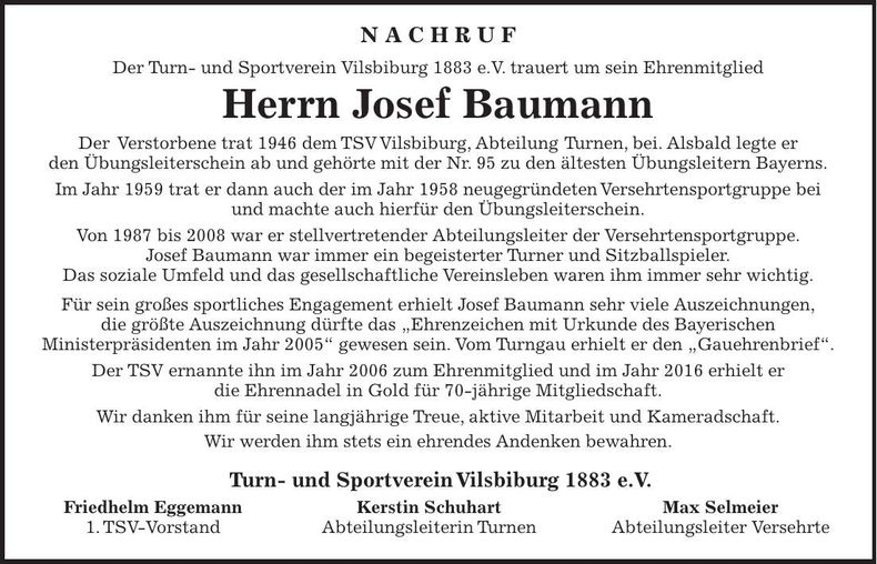 Traueranzeige Josef Baumann
