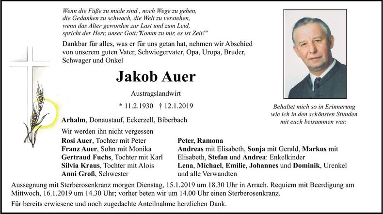 Traueranzeige Jakob Auer