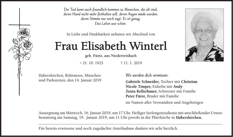 Traueranzeige Elisabeth Winterl