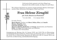 Traueranzeige Helene Zirngibl